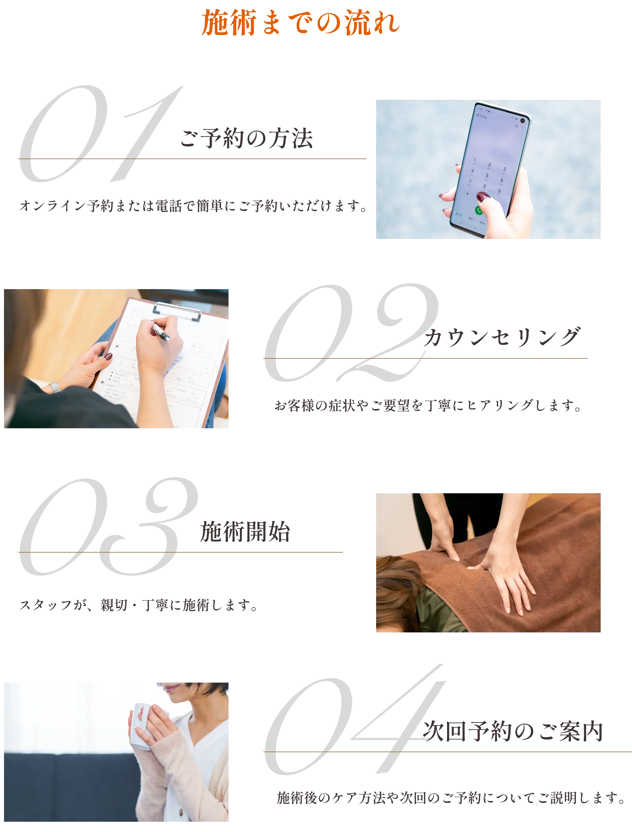 施術までの流れ｜01 ご予約/02 カウンセリング/03 施術開始/04 次回予約のご案内